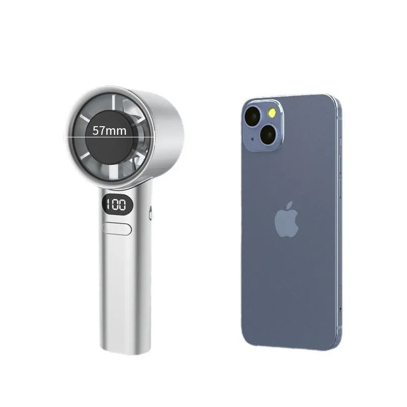 Handheld fan with variable speed control, shown in one of four colour options: green, khaki, silver, or white.