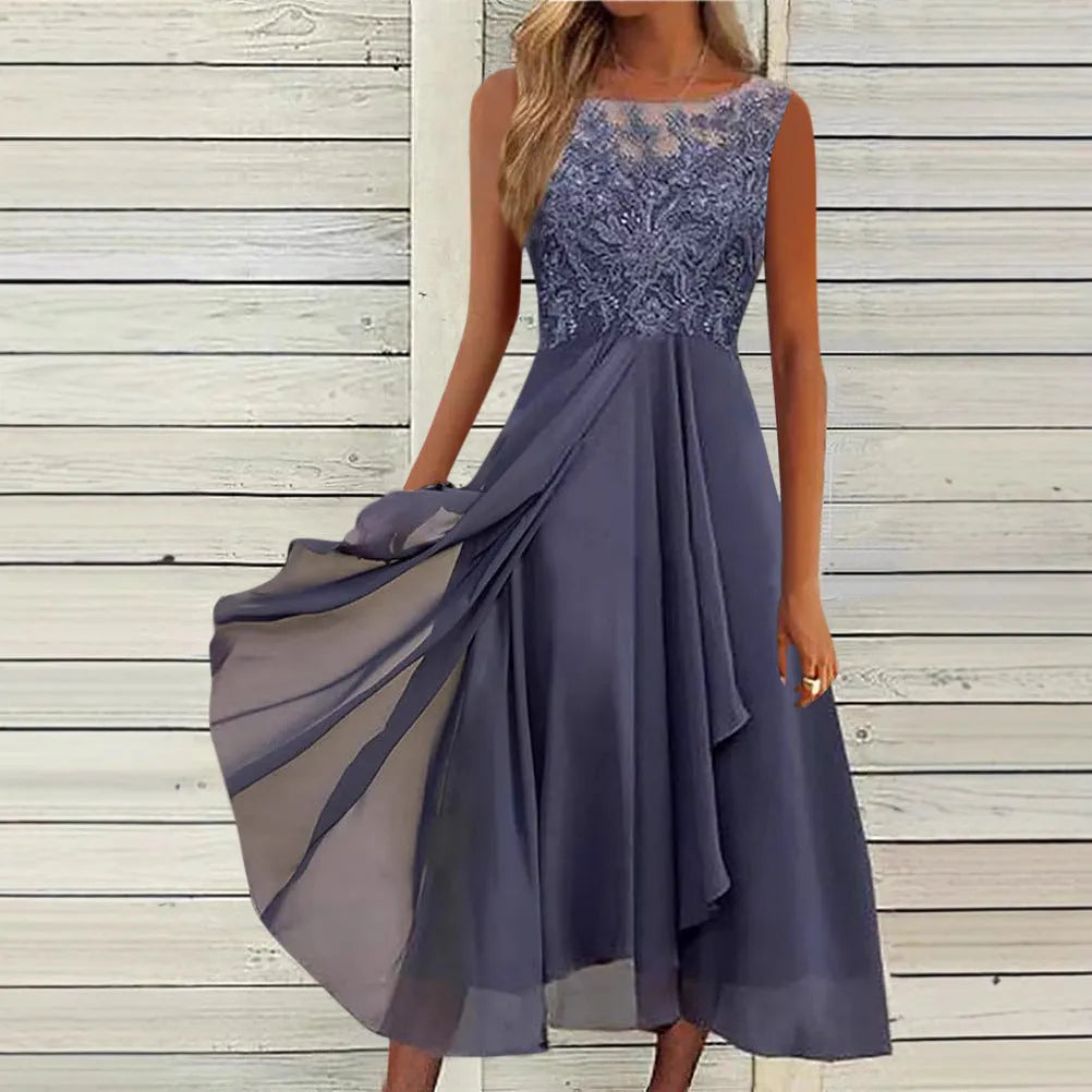 Women's sleeveless chiffon dress with lace hollow-out stitching in blue, green, or purple.