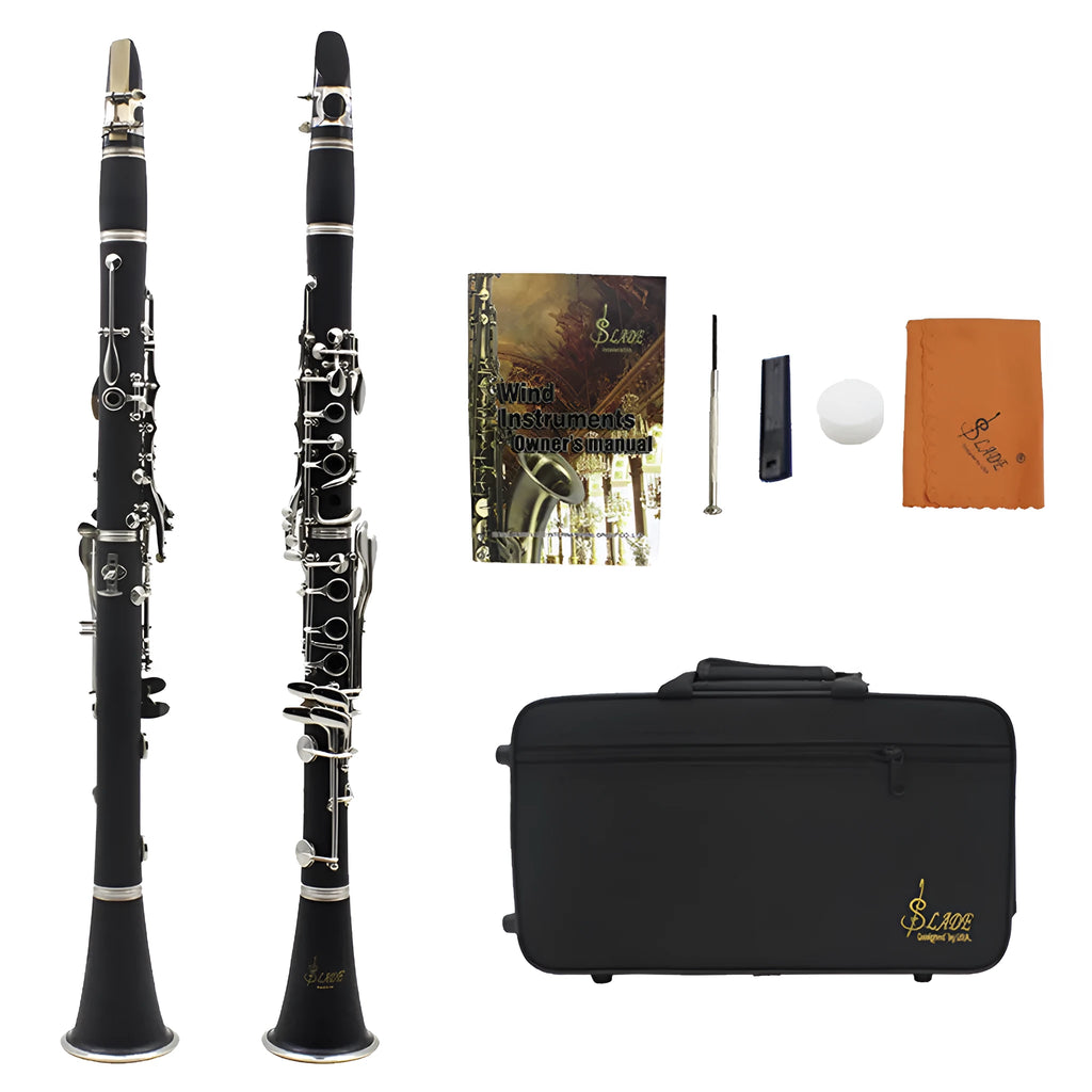 Black bakelite clarinet with 17 nickel-plated keys and included carrying bag