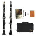 Black bakelite clarinet with 17 nickel-plated keys and included carrying bag