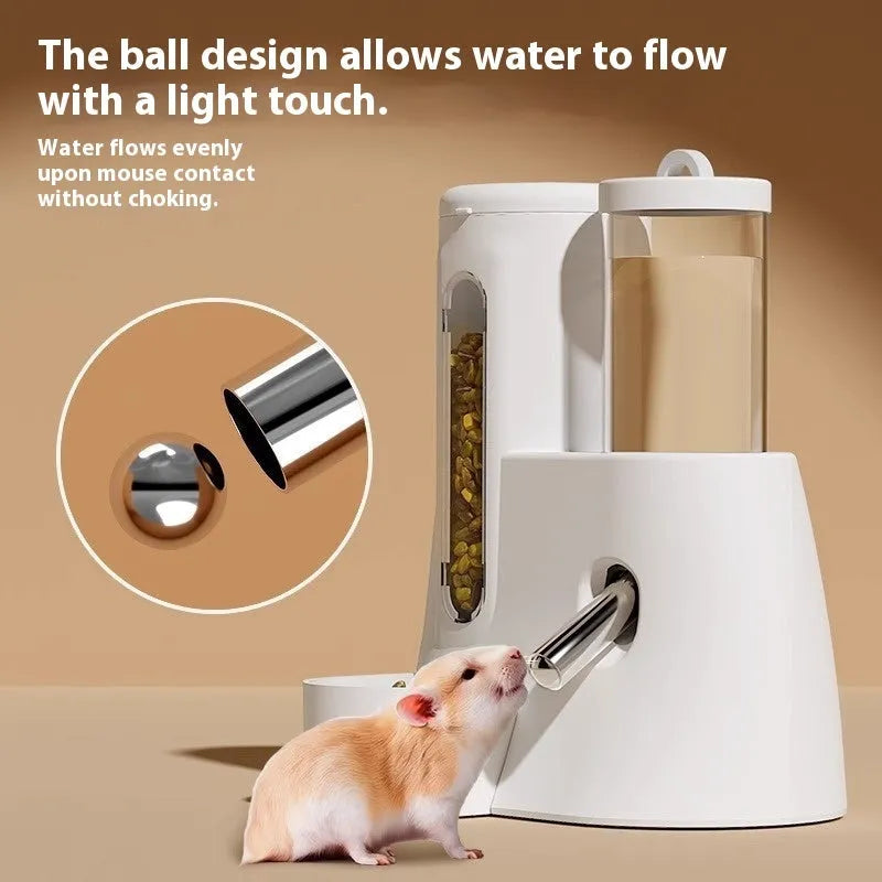 White, blue, and pink automatic hamster water feeder with attached food basin.