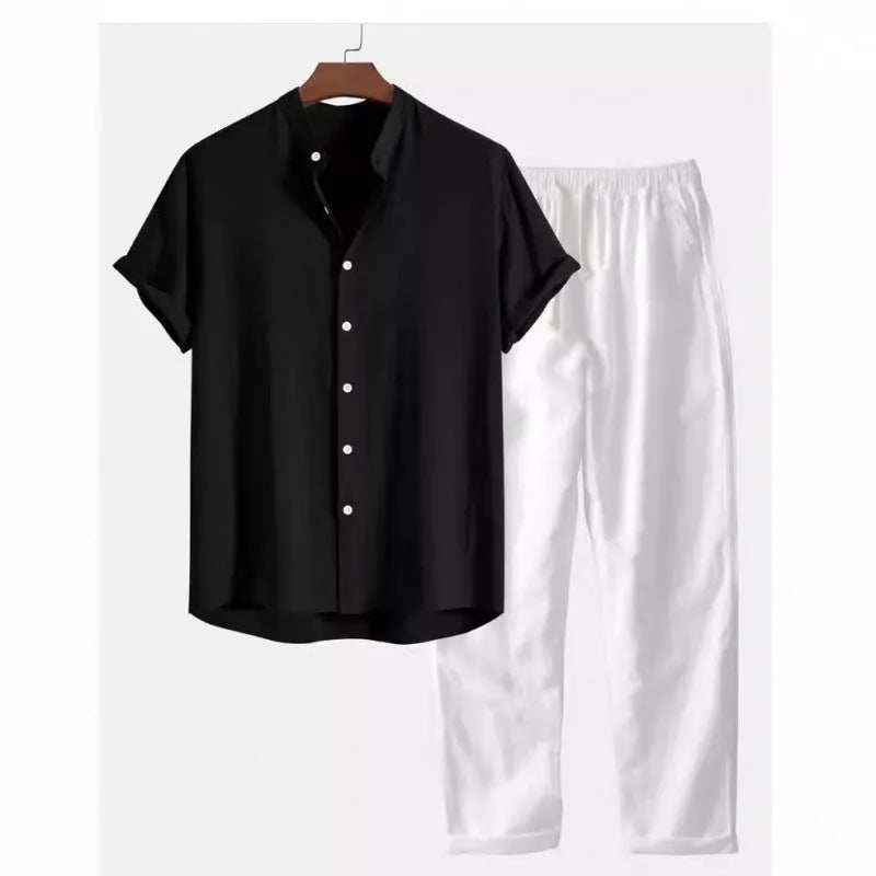 Men's loose fitting short sleeve shirt and casual trousers set in linen-look fabric.