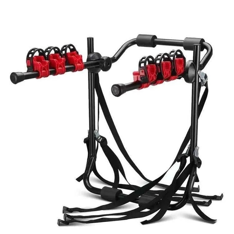 Black and red iron car boot bike rack with sponge padding and securing straps.