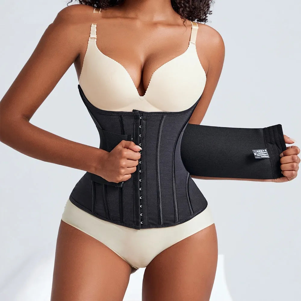 Black adjustable nylon belly band for waist training, shown with its belt tie, on a mannequin.