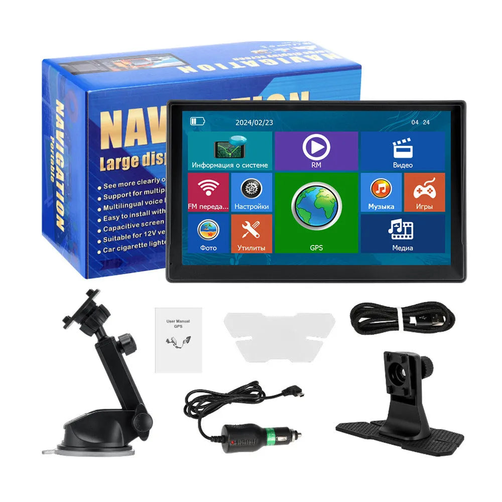 9-inch car portable GPS navigator with voice navigation and 3D maps on windscreen mount