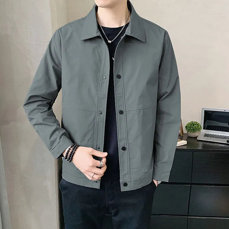 Men's single-layer Korean style polyester jacket in light gray, shown front-on.