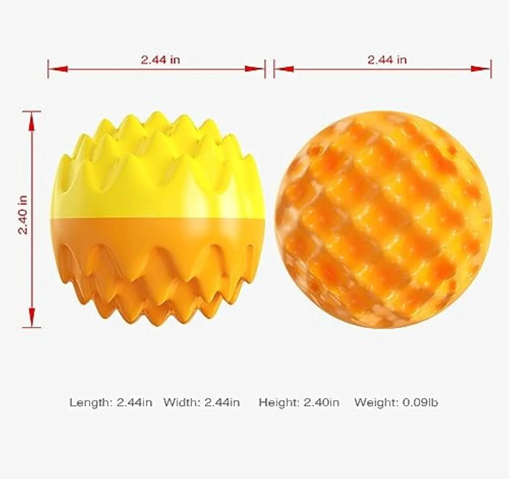 Blue and orange squeaky rubber dog ball with spiky texture for teeth cleaning and water fetch