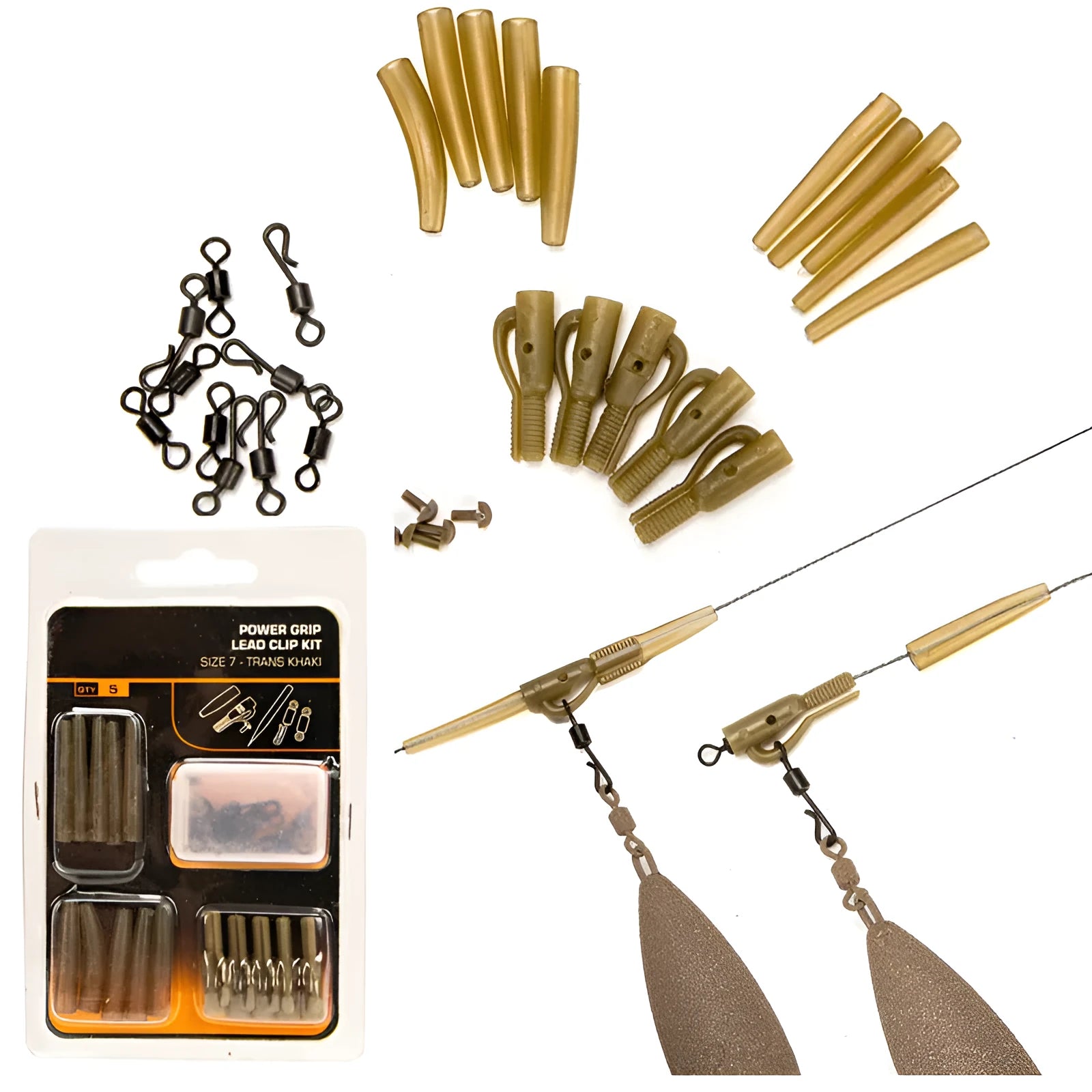 30 piece European carp fishing accessory set showing anti-winding pipes, threaded hoses, rotations, and screws