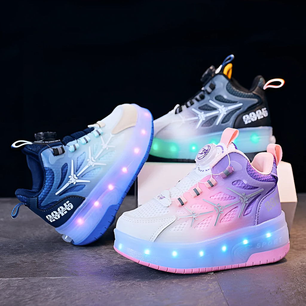 Children's striped roller skates with flash knob adjustment in blue, black, or pink colours on PVC soles
