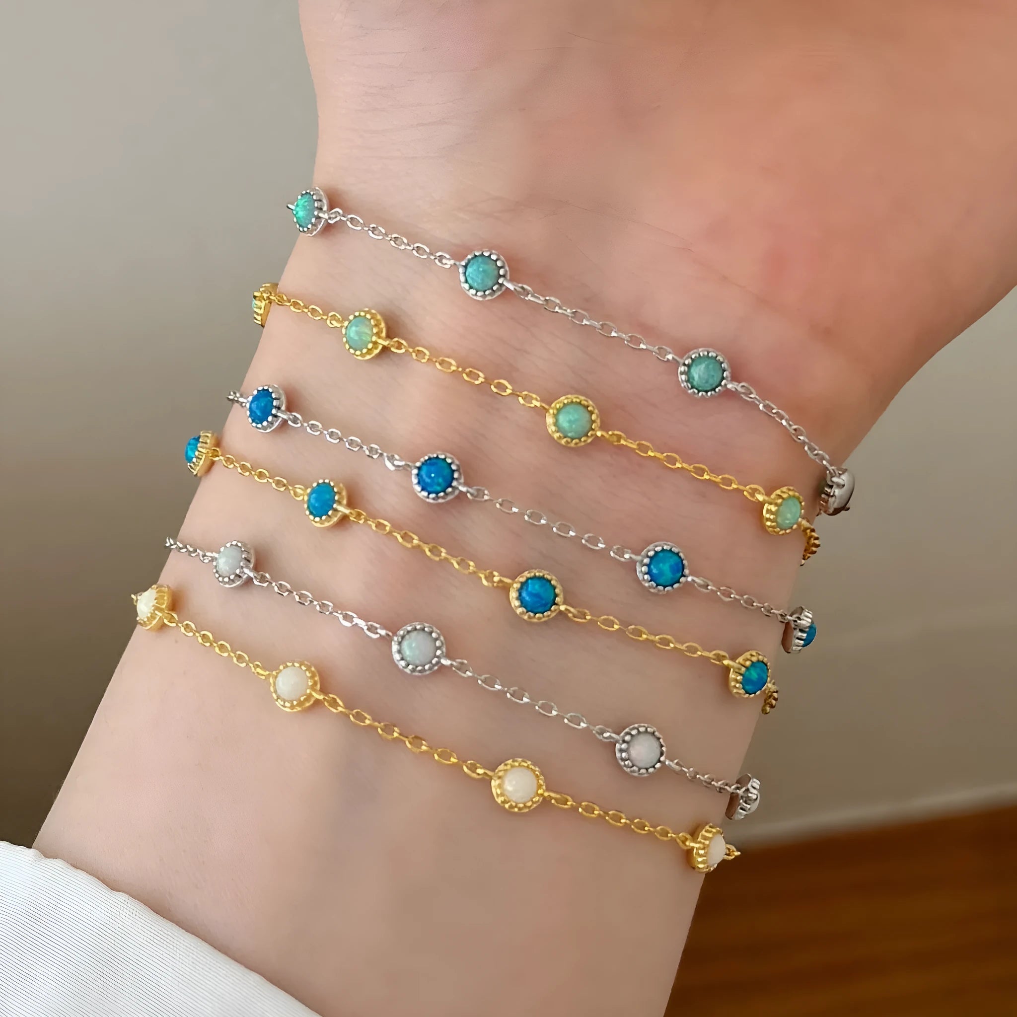925 sterling silver bracelet with round opal stones in Japanese Korean geometric style for women