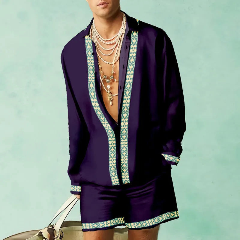 Loose-fitting casual shirt and shorts set in polyester fabric for summer, shown in a slim fit style.