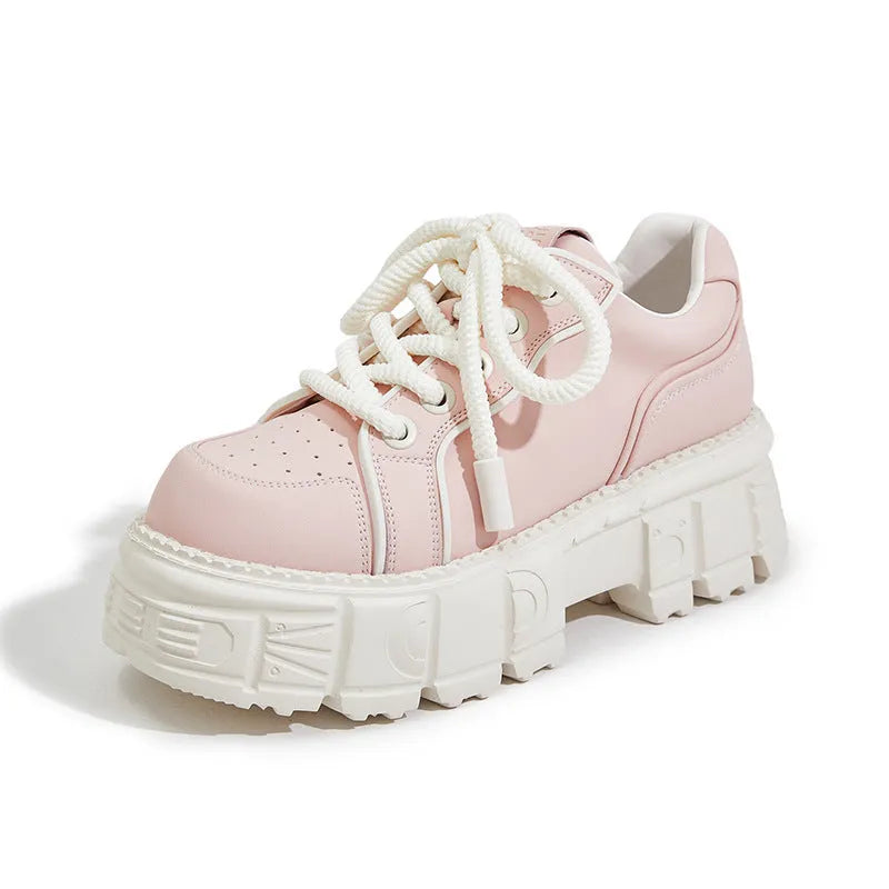 Beige and pink leather casual shoes with spring muffin bottom design and rubber foam soles