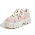 Beige and pink leather casual shoes with spring muffin bottom design and rubber foam soles