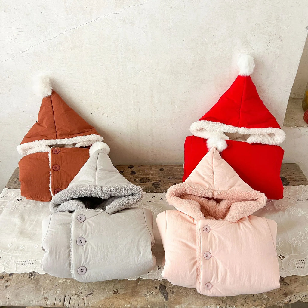 Winter fleece-lined unisex baby jacket in solid colour, pearl fleece fabric, hooded, button front, available in light gray, pink, brown, bright red