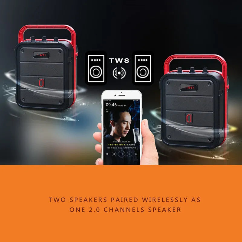 MS62AI portable Bluetooth speaker with wireless microphone, remote control, and shoulder strap