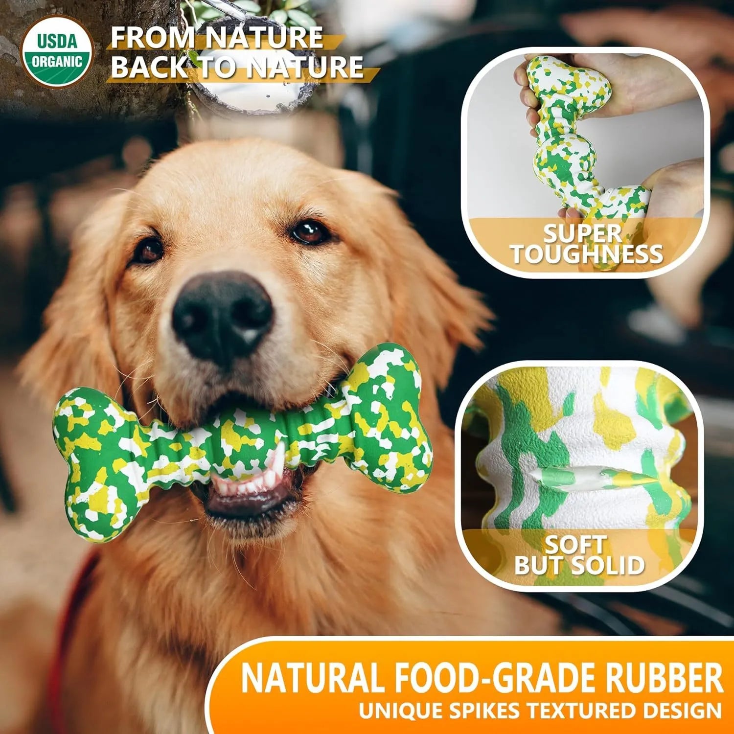 USDA Organic certified natural rubber dog chew toy in camouflage pattern, two size options for medium to large breeds