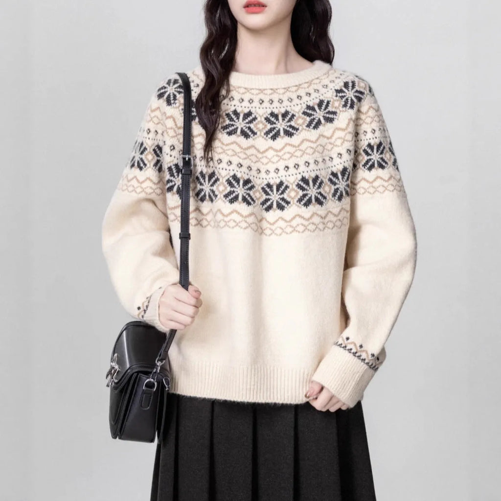 Women's milky white fair isle geometric pattern pullover sweater with a crew neck and long sleeves.