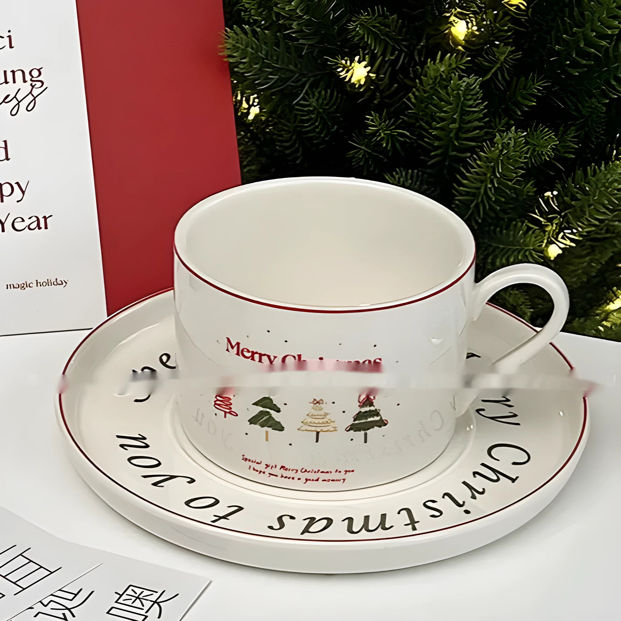 Creative Design Christmas Tree ceramic coffee cup and saucer set with 180ml cup and 15.2cm saucer in festival pattern