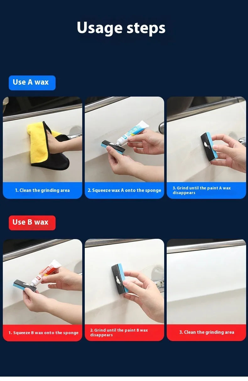 Car repair wax kit with A and B wax bottles and a frosted sponge applicator for scratch removal.