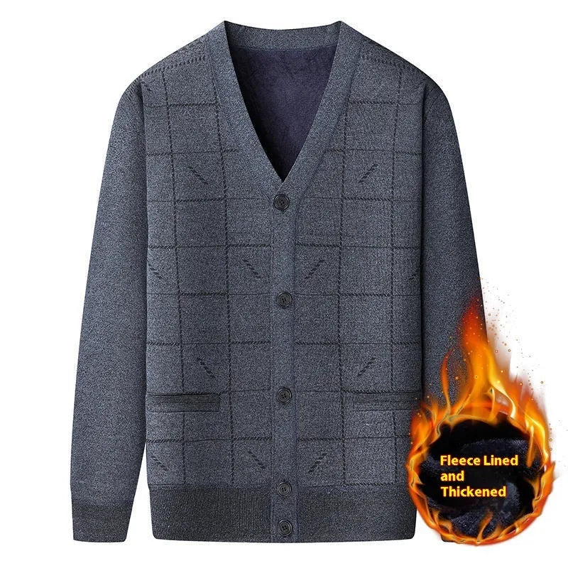 Men's grey wool-lined cardigan with batwing sleeves on a hanger
