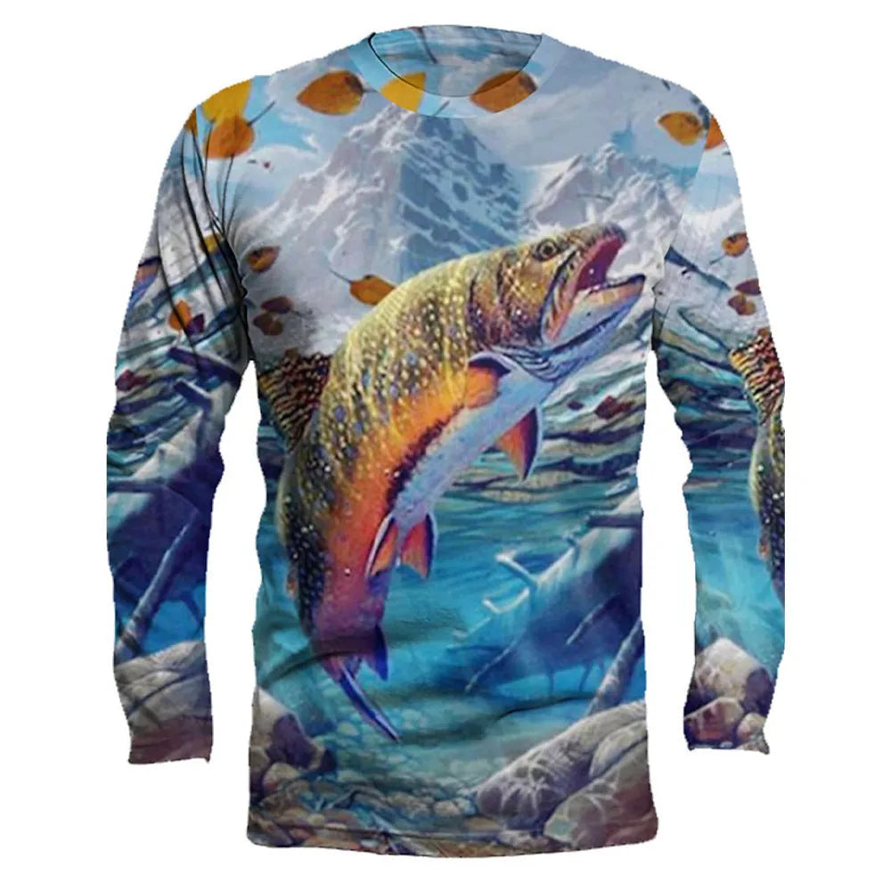 Men's grey pullover with a blue fish print design, showing round neck and long sleeves.