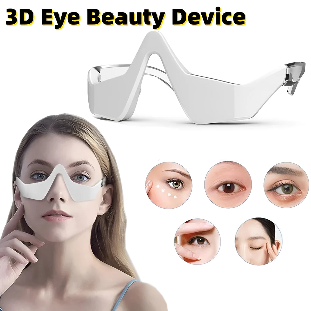 Pink and white 3D micro-current eye massager shaped like glasses on a grey background.