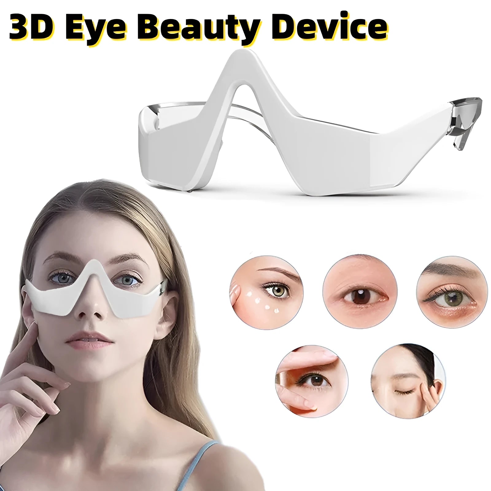 Pink and white 3D micro-current eye massager shaped like glasses on a grey background.