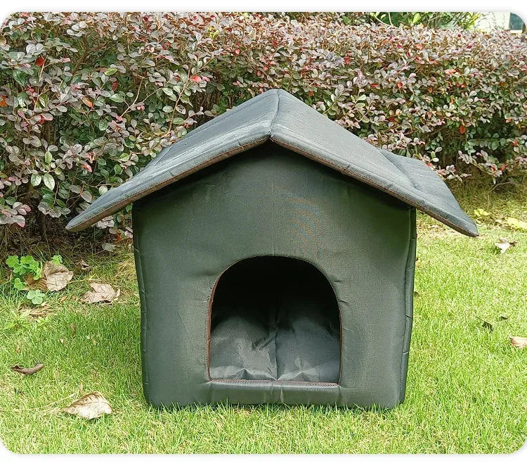 Black outdoor waterproof Oxford cloth cat shelter for stray cats on grass with detachable house nest design