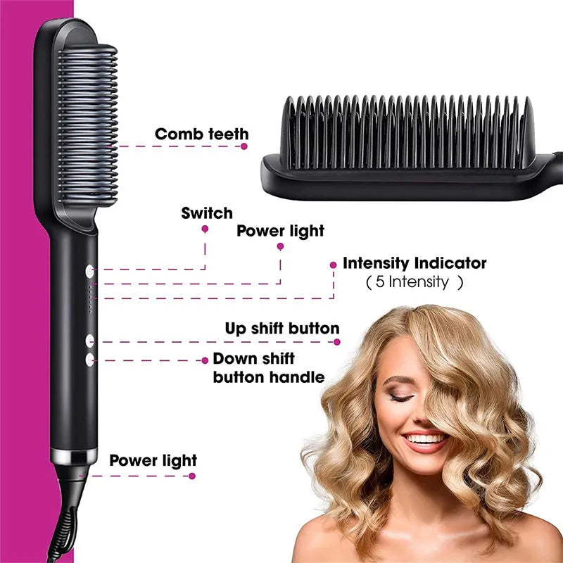 Red and black dual-function 2-in-1 hair straightener and curling tong hot comb on a white background