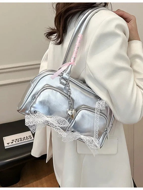 Large capacity soft PU leather shoulder bag in horizontal square shape with mobile phone pocket