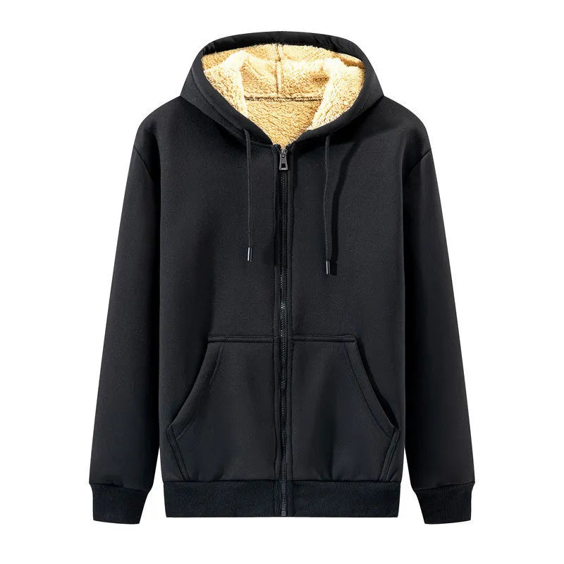 Men's loose fit hooded sweater in grey polyester blend, long sleeves, collarless, autumn winter casual wear