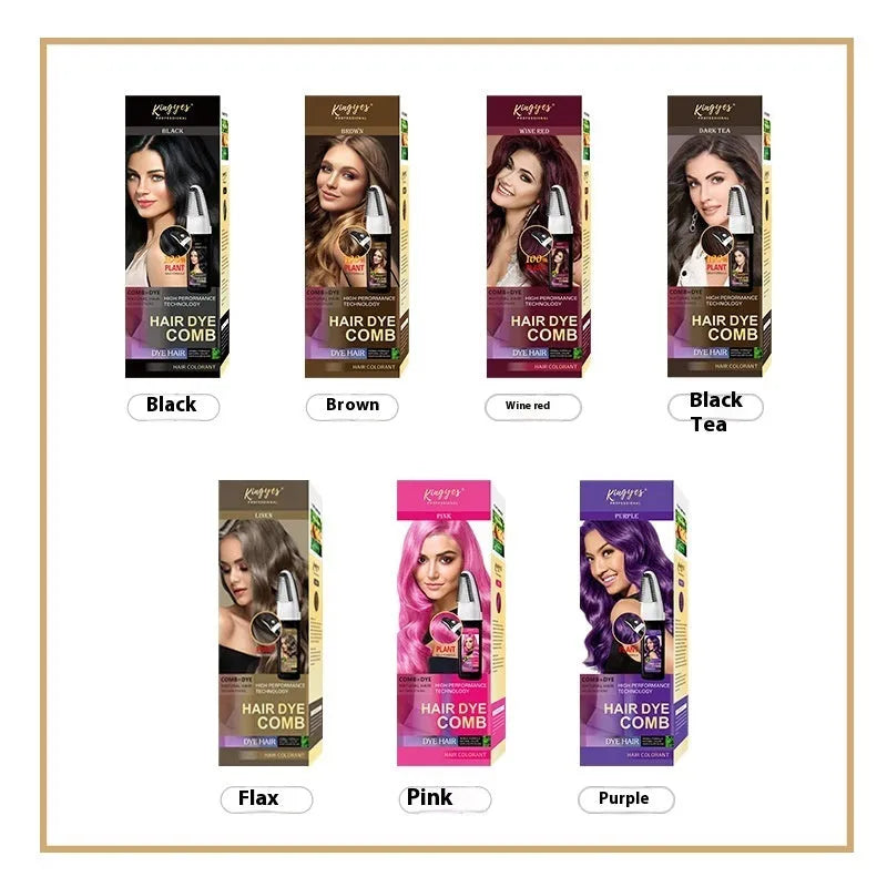 Permanent hair dye kit showing 200ML bottle and easy application comb in choice of Brown, Wine Red, or Dark Brown shade.