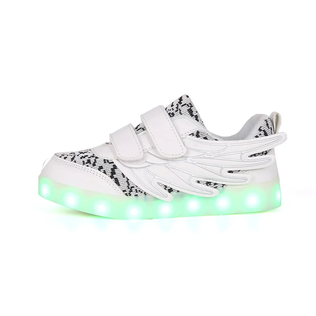 Children's plum red and white light-up sneakers with colourful luminous wings pattern and USB charging port.
