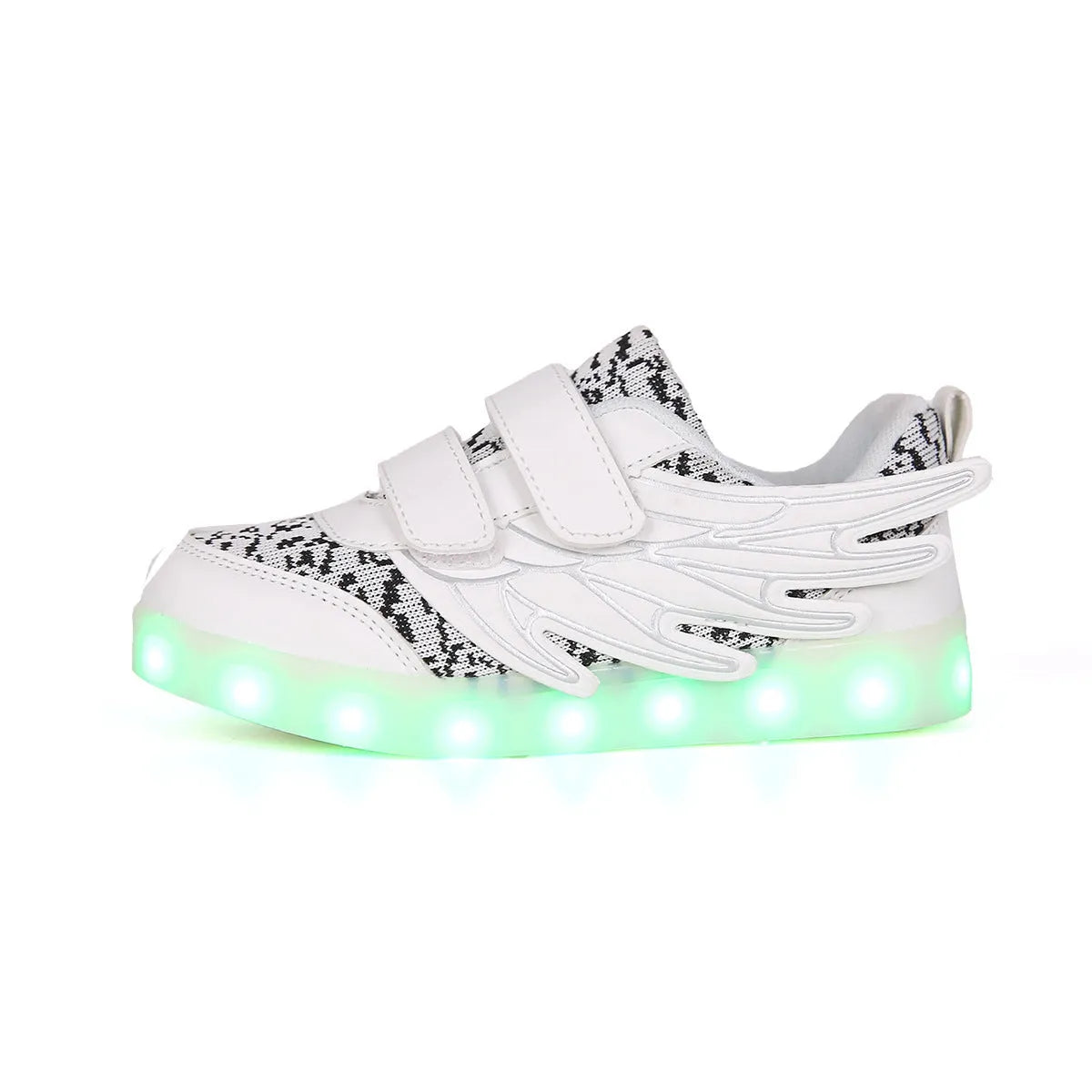 Children's plum red and white light-up sneakers with colourful luminous wings pattern and USB charging port.