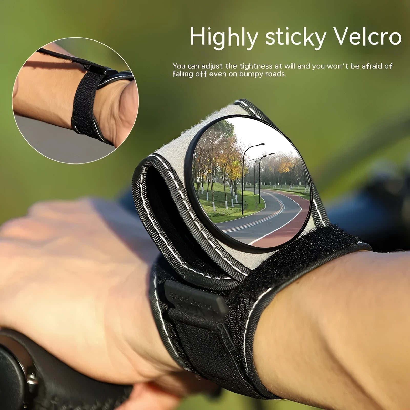 Black nylon bicycle wrist rear-view mirror with adjustable arm extended for cycling visibility