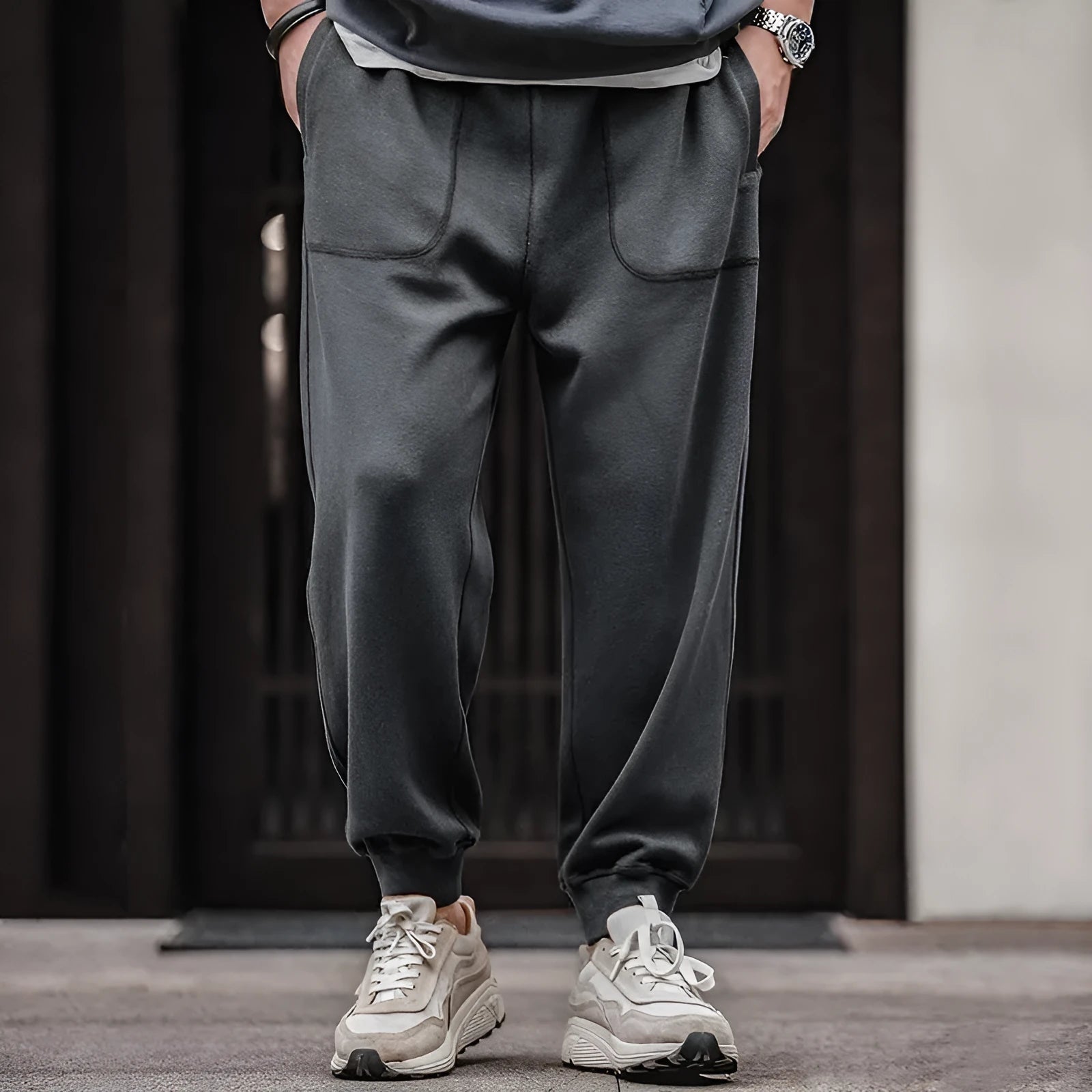 Retro men's tapered ankle-tied sweatpants in dark gray with drawstring elastic waist