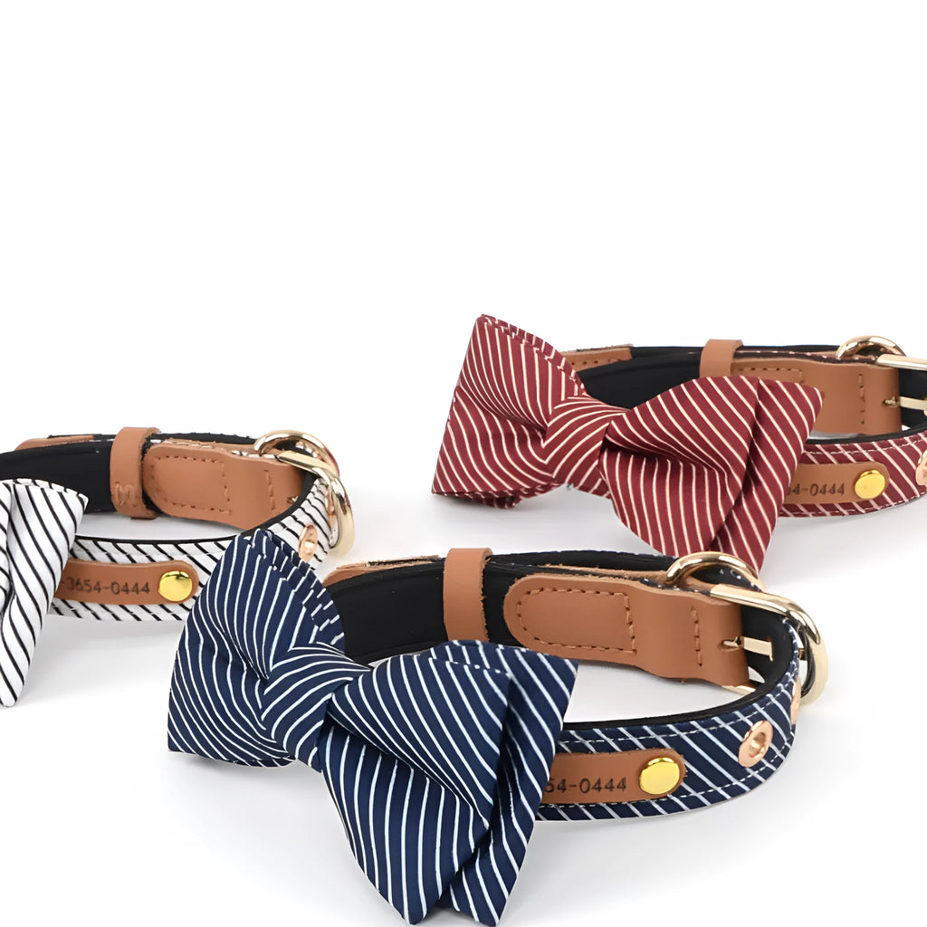 Soft cotton dog collar with detachable bow shown in dark blue, wine red, and white colour options.