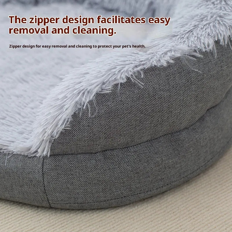 Grey winter warm pet plush large kennel for dogs with long wool finish, oval open nest design