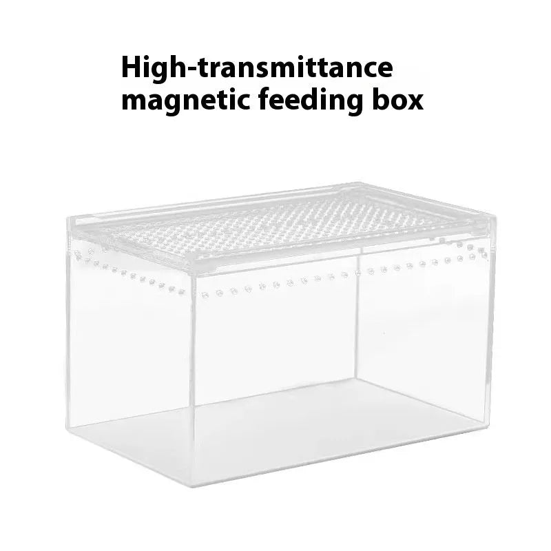 Clear acrylic reptile feeding box with crawl-through opening showing size options