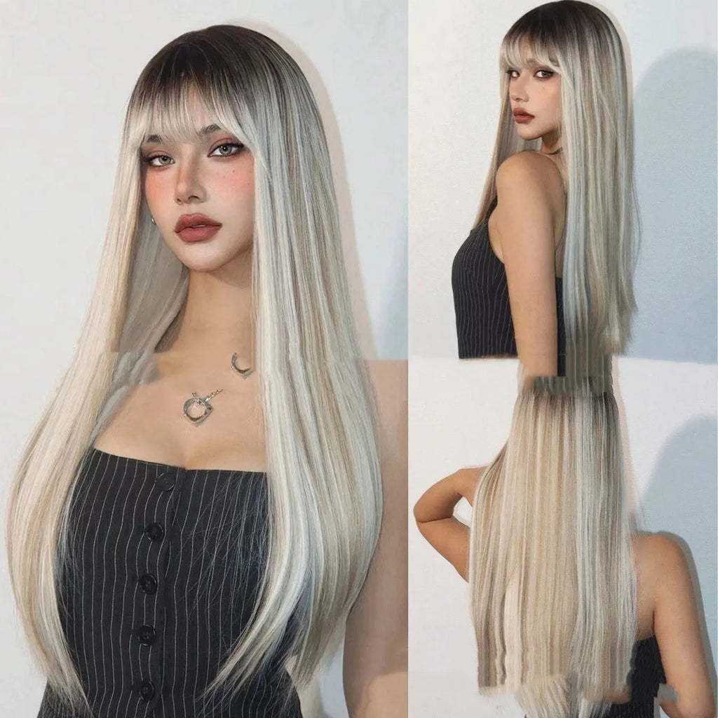 Head dyed long straight hair high-temperature fiber wig in colour LC1073-1 with Qi bangs