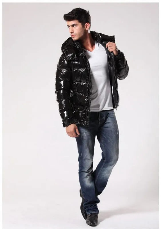 Thick down jacket for men women white duck down filling loose fit black gloss colour