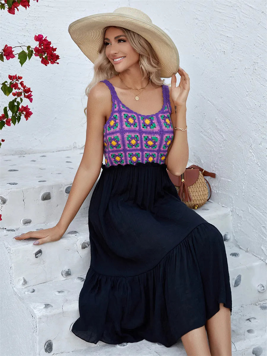Purple sleeveless dress with hand-hooked white floral stitching pattern on the front.