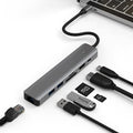 7-in-1 USB-C multi-port hub with SD card slot, microSD slot, three USB ports, and PD charging port.