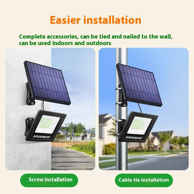 Outdoor solar-powered LED courtyard light with three brightness options and IP65 waterproof rating.