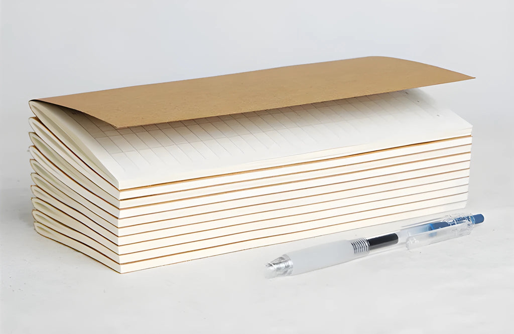 Travel cowhide diary refill notebook showing 11x21cm size and saddle stitch binding