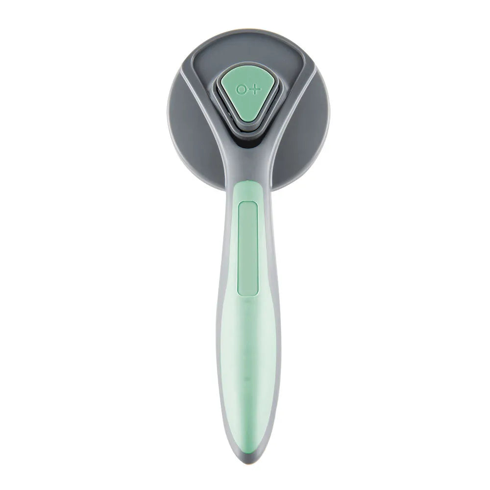 Grey self-cleaning slicker brush for pet grooming with one-click button and comfort-grip handle