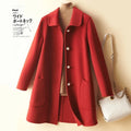 Women's mid-length wool coat with pearl buckle fastening and doll collar in solid colour