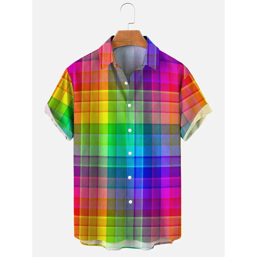 Men's striped Hawaiian shirt with button front and short sleeves in elastic polyester fabric