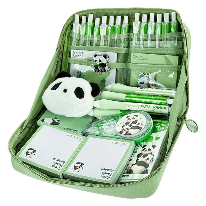 Green canvas panda pencil case with 12-layer organisation showing Korean style design