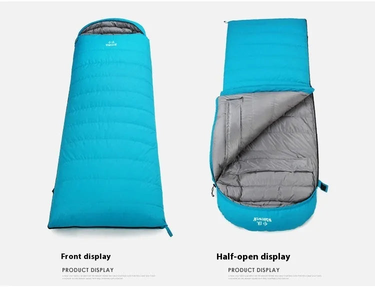 Black outdoor sleeping bag with envelope structure and white goose down filling.